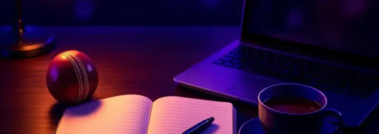 Tidy desk with a laptop and an open notebook in warm lamp light