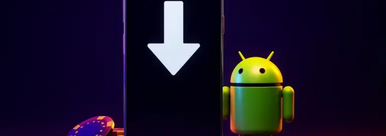 Download arrow on a smartphone screen with an Android robot standing next to it
