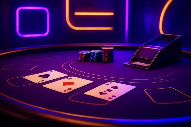 Live table set with a card shoe and casino chips