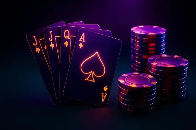 Card table under a single spotlight with cards and chip stacks