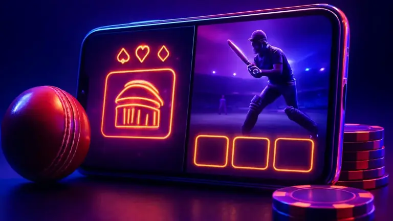 Illustration for TK95 players: mobile screen split between casino games and a cricket match, a red ball nearby