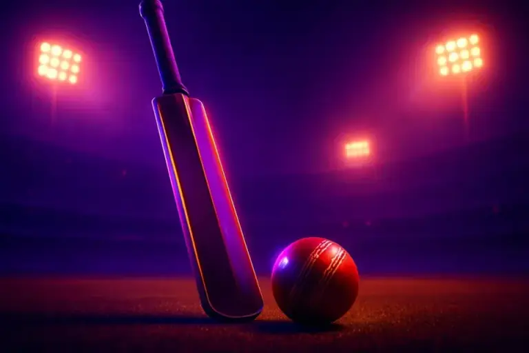 Floodlit cricket pitch at night with the stadium lights glowing