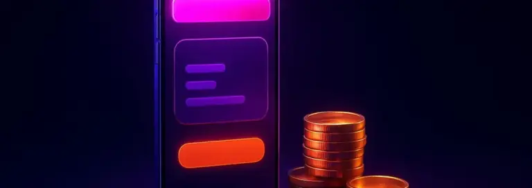 Mobile wallet app on a phone, a balance card on screen and coins nearby