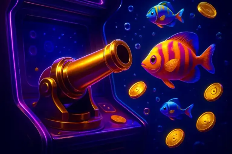 Bright tropical fish and a gold cannon in a fishing arcade game