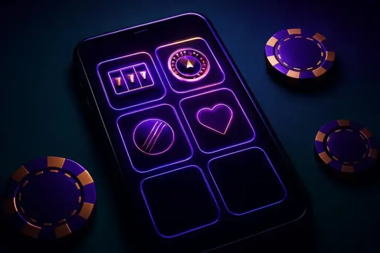 Close-up of an app lobby grid on a phone, game icons glowing on a dark screen