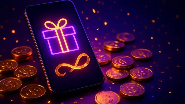 Gift box icon on a mobile screen surrounded by gold coins