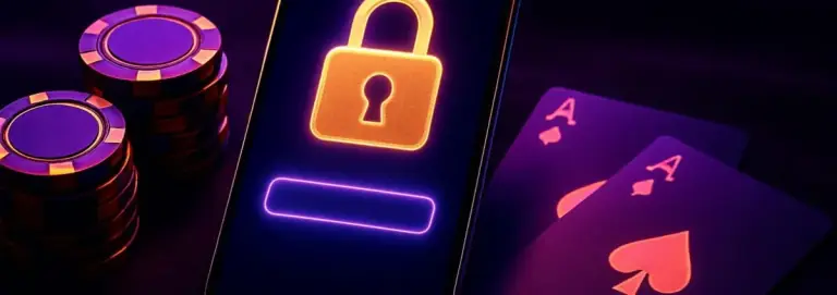 Login screen with a padlock symbol on a mobile phone, framed by chips and cards