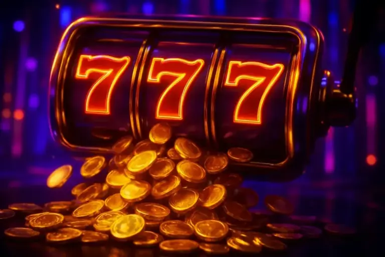 Slots card with reels, seven symbols and a shower of coins