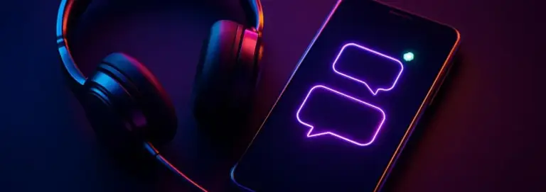 Headset and phone with glowing chat bubbles, a contact and support theme